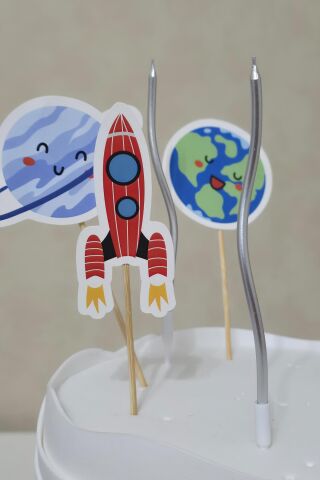 Uzay Konsept Pasta Süsleri Seti Pasta Mumu ve Pasta Kürdanları Süsleme Seti 8 Parça