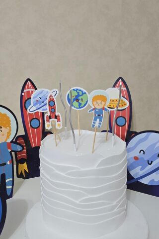 Uzay Konsept Pasta Süsleri Seti Pasta Mumu ve Pasta Kürdanları Süsleme Seti 8 Parça