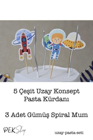 Uzay Konsept Pasta Süsleri Seti Pasta Mumu ve Pasta Kürdanları Süsleme Seti 8 Parça