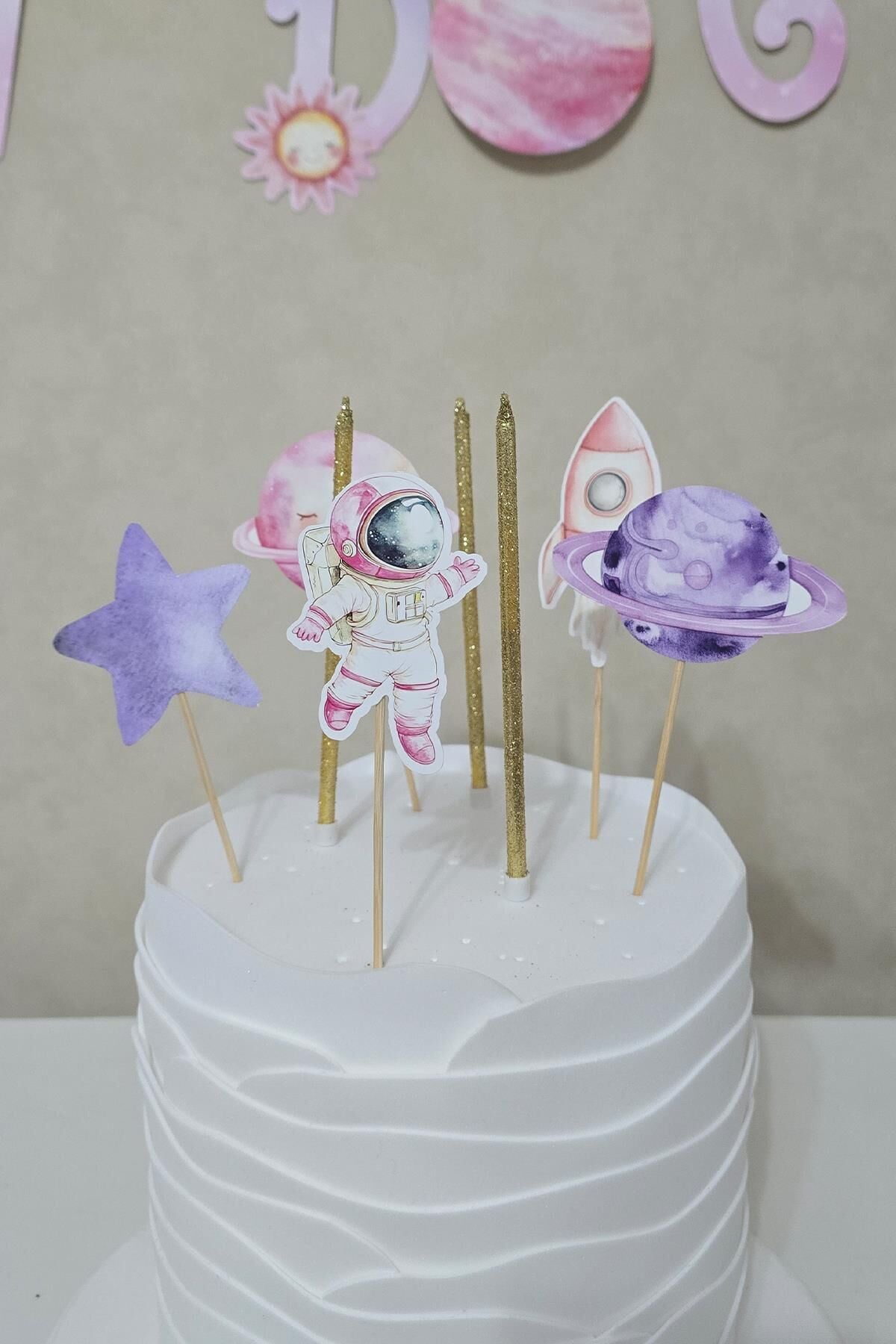 PEMBE Uzay Konsept Pasta Süsleri Seti Pasta Mumu ve Pasta Kürdanları Süsleme Seti 8 Parça