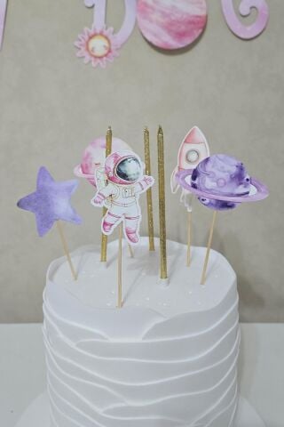 PEMBE Uzay Konsept Pasta Süsleri Seti Pasta Mumu ve Pasta Kürdanları Süsleme Seti 8 Parça