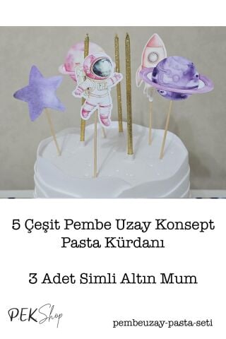 PEMBE Uzay Konsept Pasta Süsleri Seti Pasta Mumu ve Pasta Kürdanları Süsleme Seti 8 Parça