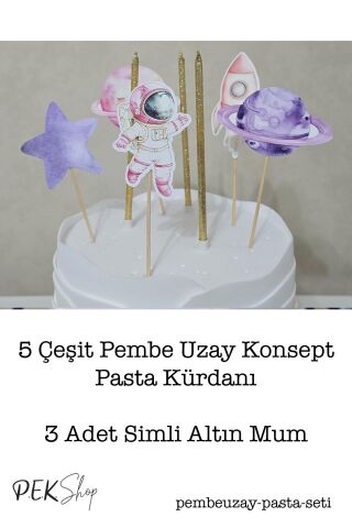PEMBE Uzay Konsept Pasta Süsleri Seti Pasta Mumu ve Pasta Kürdanları Süsleme Seti 8 Parça