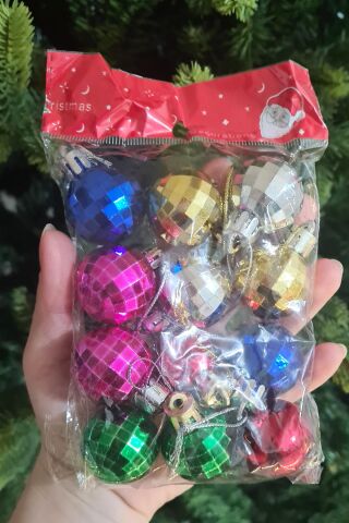 12 Adet 3cm Yılbaşı Ağaç Süsü Disko Topu Şekilli Çok Renkli Yılbaşı Ağaç Süs Topları
