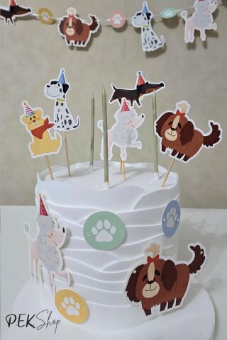 Sevimli Köpekler Konsept Pasta Süsleri Seti Pasta Mumu ve Pasta Kürdanları Süsleme Seti 8 Parça