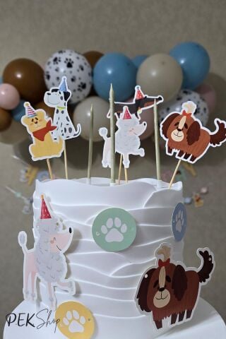 Sevimli Köpekler Konsept Pasta Süsleri Seti Pasta Mumu ve Pasta Kürdanları Süsleme Seti 8 Parça