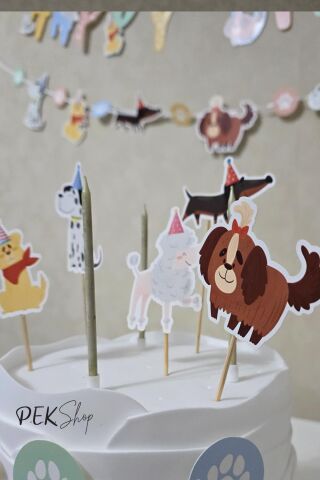 Sevimli Köpekler Konsept Pasta Süsleri Seti Pasta Mumu ve Pasta Kürdanları Süsleme Seti 8 Parça