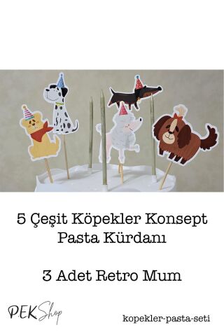Sevimli Köpekler Konsept Pasta Süsleri Seti Pasta Mumu ve Pasta Kürdanları Süsleme Seti 8 Parça