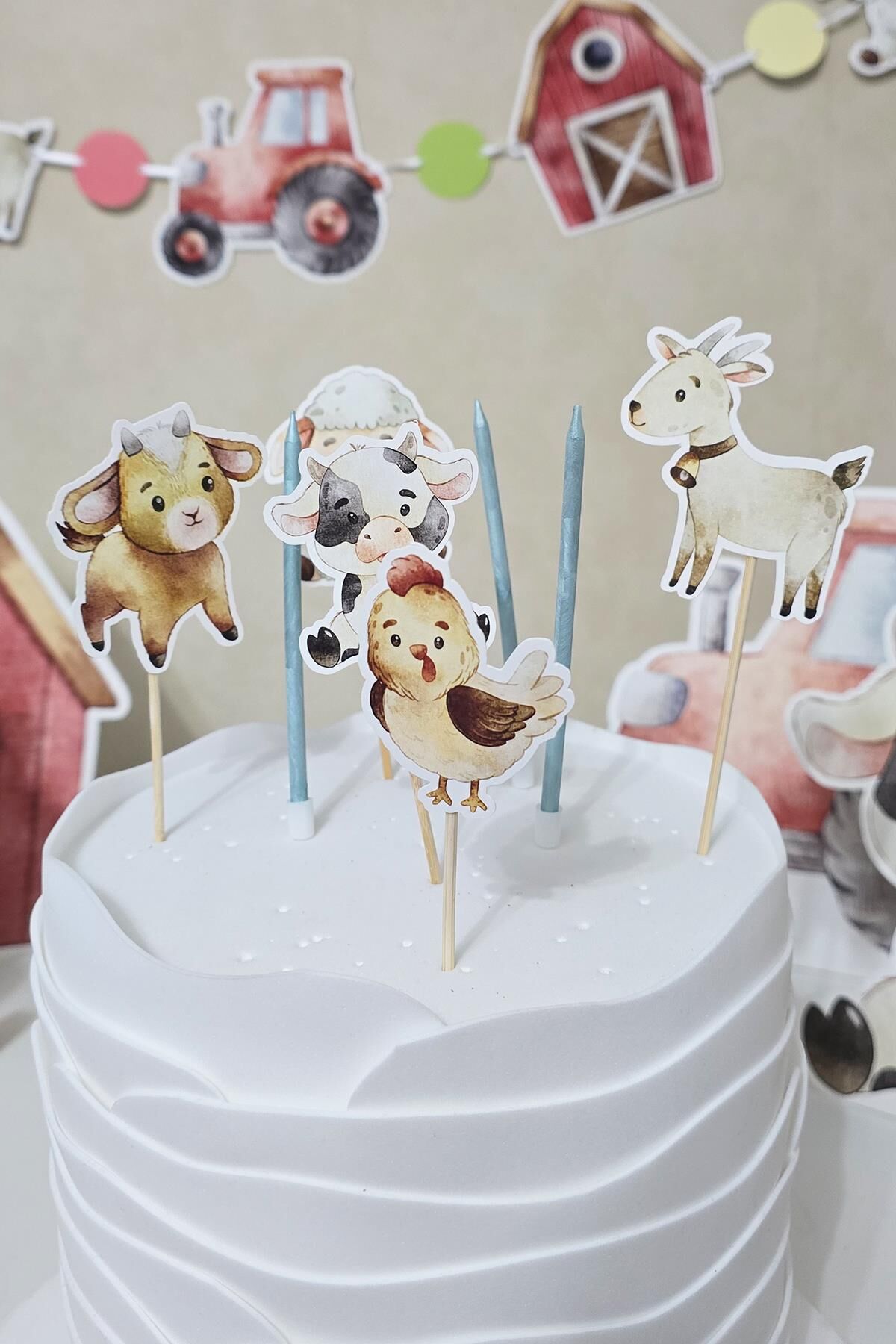 Çiftlik Hayvanları Konsept Pasta Süsleri Seti Pasta Mumu ve Pasta Kürdanları Süsleme Seti 8 Parça