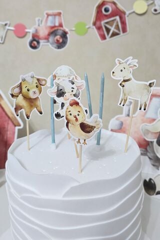 Çiftlik Hayvanları Konsept Pasta Süsleri Seti Pasta Mumu ve Pasta Kürdanları Süsleme Seti 8 Parça