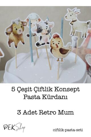 Çiftlik Hayvanları Konsept Pasta Süsleri Seti Pasta Mumu ve Pasta Kürdanları Süsleme Seti 8 Parça