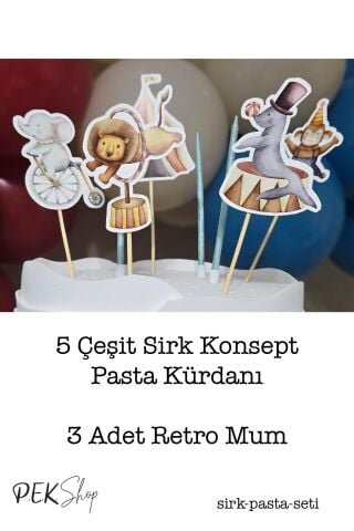 Sirk Konsept Pasta Süsleri Seti Pasta Mumu ve Pasta Kürdanları Süsleme Seti 8 Parça