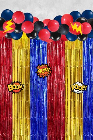 Süper Kahramanlar Tema Doğum Günü Balon Zinciri Seti Fon Perdeli Doğum Günü Süsleme Seti