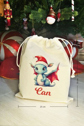 Noel Baba Şapkalı Dragon İsme Özel Yılbaşı Hediye Kesesi