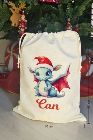Noel Baba Şapkalı Dragon İsme Özel Yılbaşı Hediye Kesesi