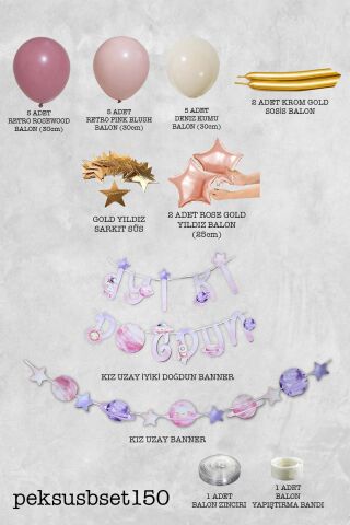 Pembe Uzay Konsept Bannerlı Doğum Günü Balon Zinciri Seti