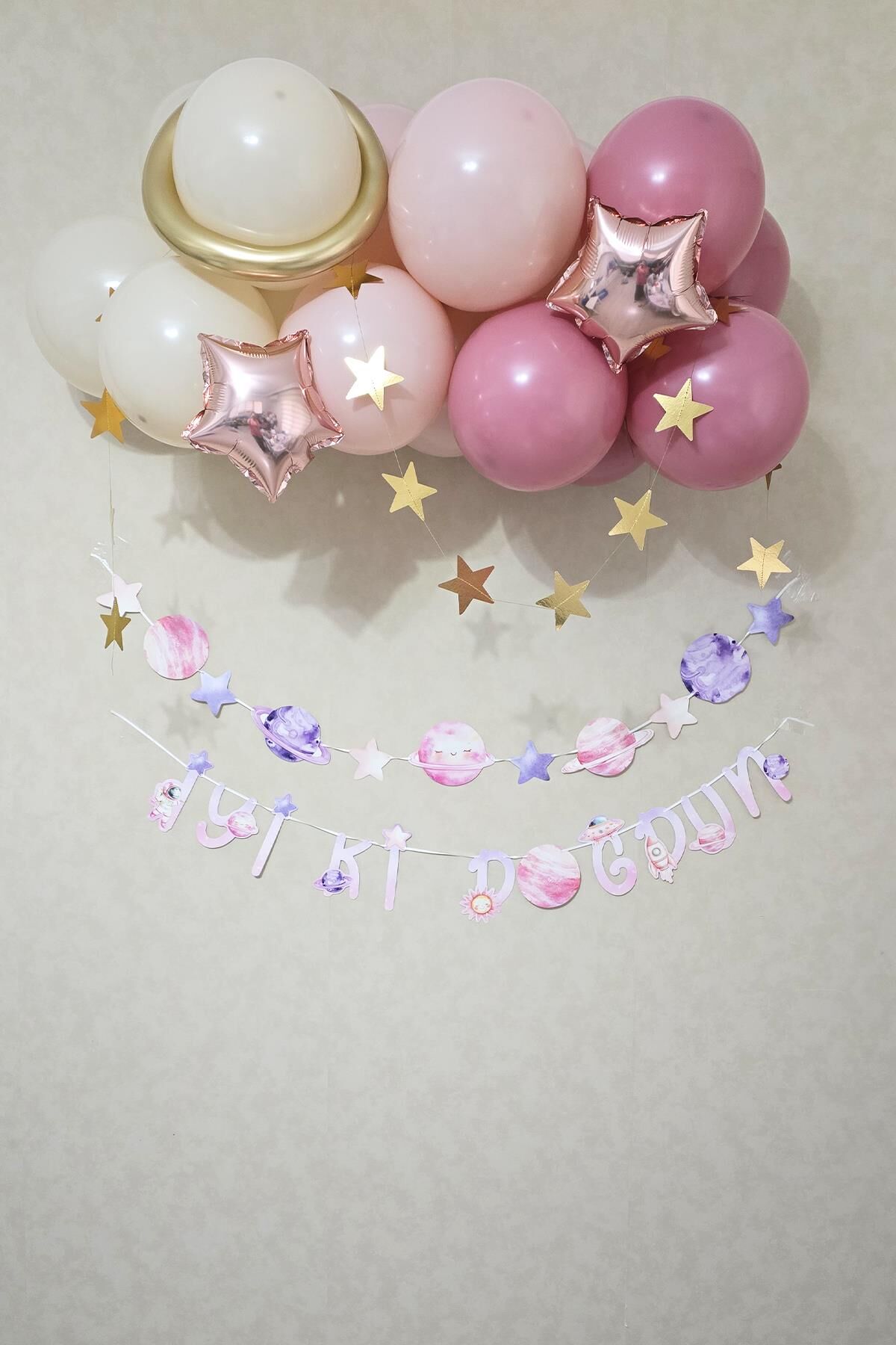 Pembe Uzay Konsept Bannerlı Doğum Günü Balon Zinciri Seti