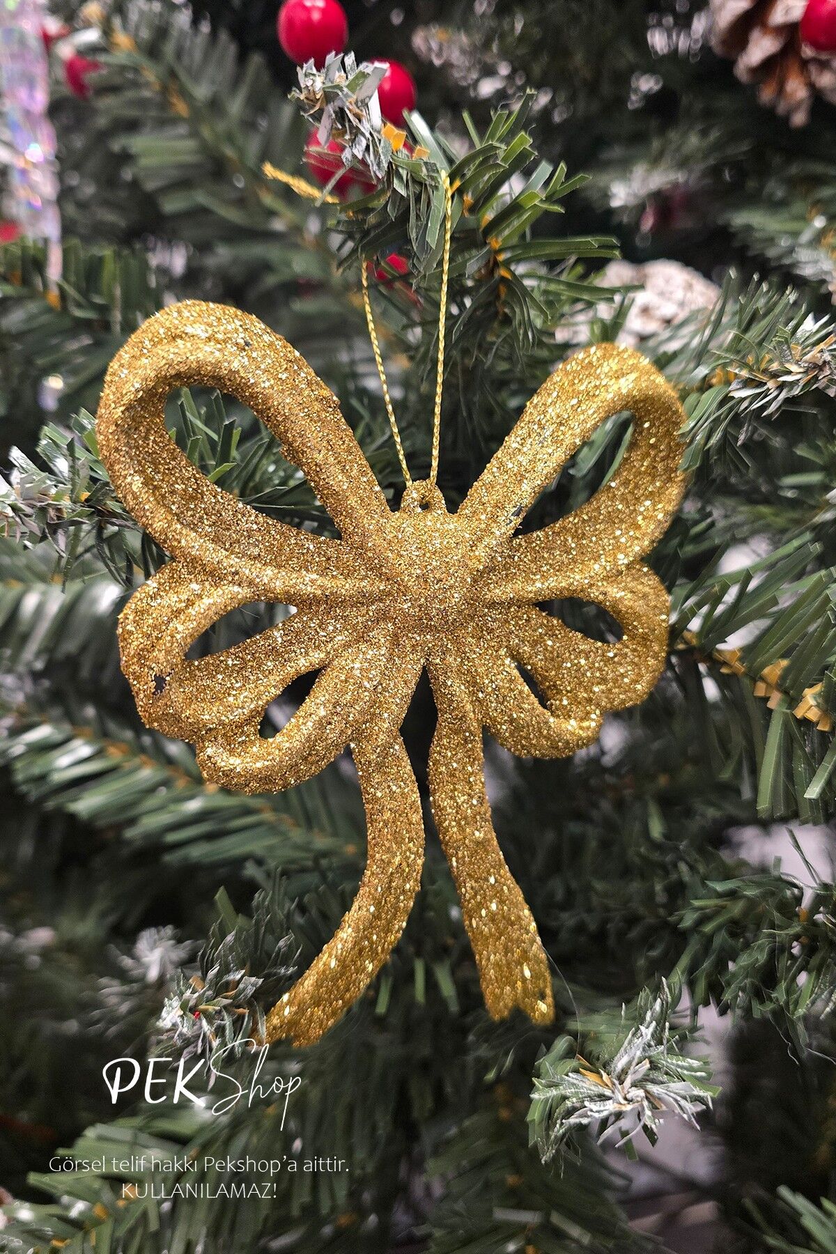 Simli Gold Büyük Fiyonk Yılbaşı Ağaç Süsü GOLD Tekli Lüks Yılbaşı Süsü