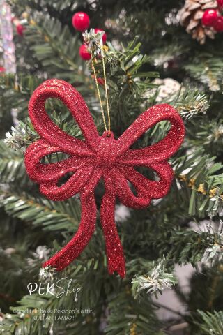 Simli Kırmızı Büyük Fiyonk Yılbaşı Ağaç Süsü KIRMIZI Tekli Lüks Yılbaşı Süsü