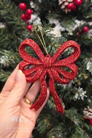 Simli Kırmızı Büyük Fiyonk Yılbaşı Ağaç Süsü KIRMIZI Tekli Lüks Yılbaşı Süsü