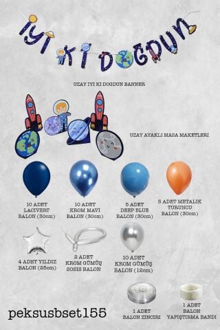 Uzay Konsept Bannerlı Masa Üstü Pano Setli Doğum Günü Balon Zinciri Seti