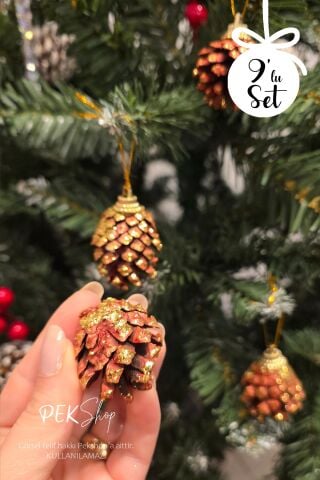 Gold Simli Kozalak Yılbaşı Ağaç Süsleri 9lu Set