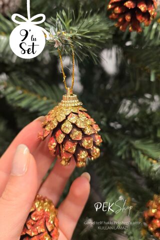 Gold Simli Kozalak Yılbaşı Ağaç Süsleri 9lu Set