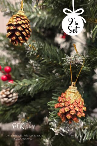 Gold Simli Kozalak Yılbaşı Ağaç Süsleri 9lu Set
