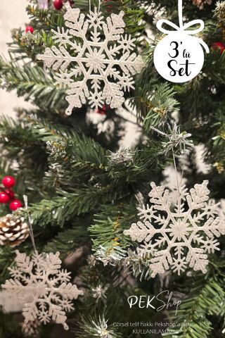 3lü Kar Tanesi Şekilli Yılbaşı Ağaç Süsleri Seti
