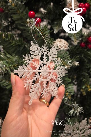 3lü Kar Tanesi Şekilli Yılbaşı Ağaç Süsleri Seti