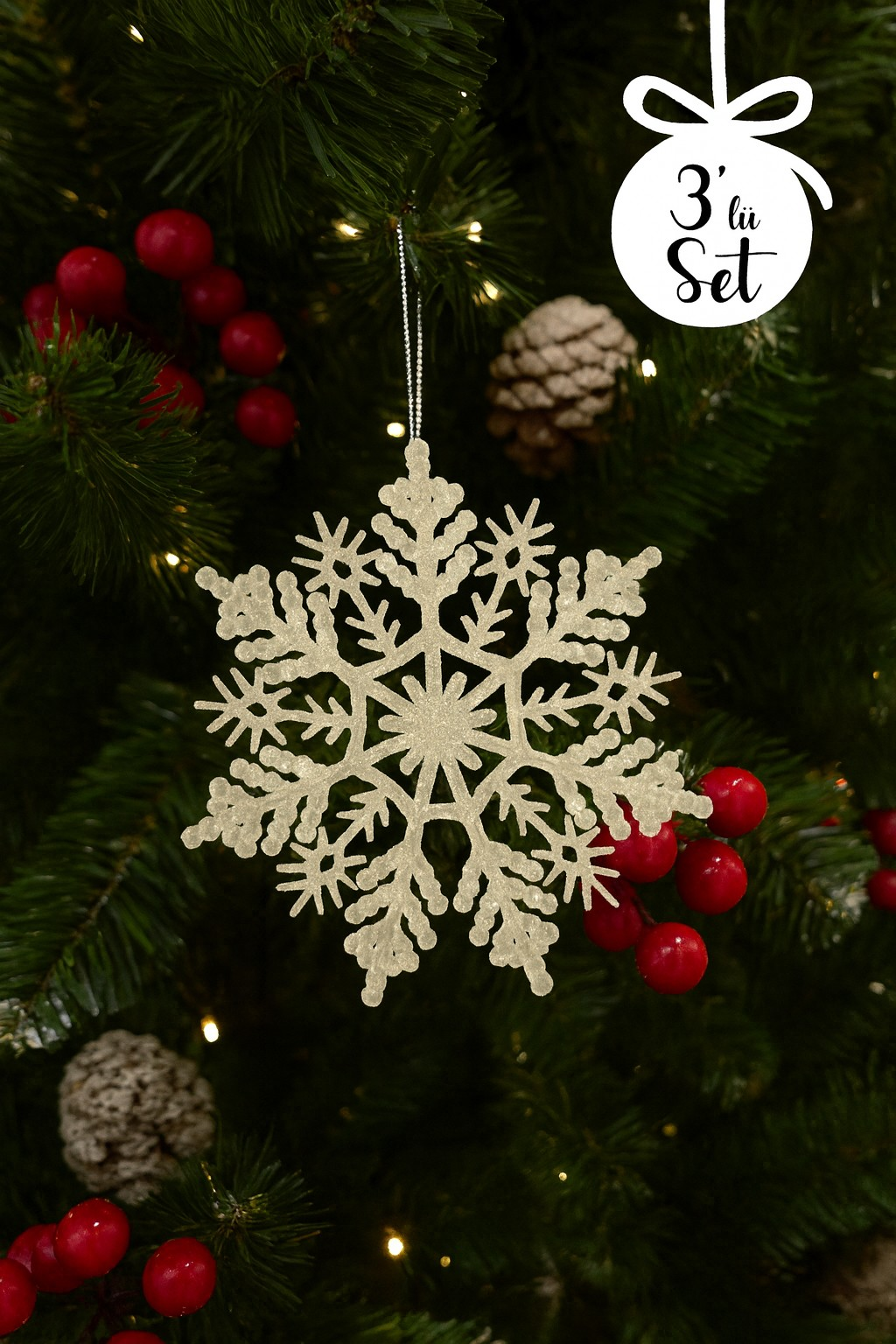 3lü Kar Tanesi Şekilli Yılbaşı Ağaç Süsleri Seti