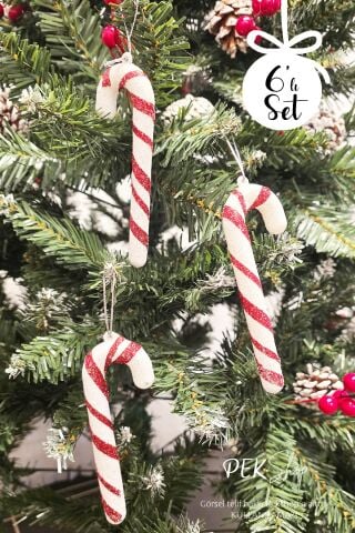 Simli Kırmızı Beyaz Baston Şeker Yılbaşı Ağaç Süsleri 6lı Set