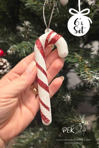 Simli Kırmızı Beyaz Baston Şeker Yılbaşı Ağaç Süsleri 6lı Set