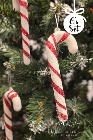 Simli Kırmızı Beyaz Baston Şeker Yılbaşı Ağaç Süsleri 6lı Set