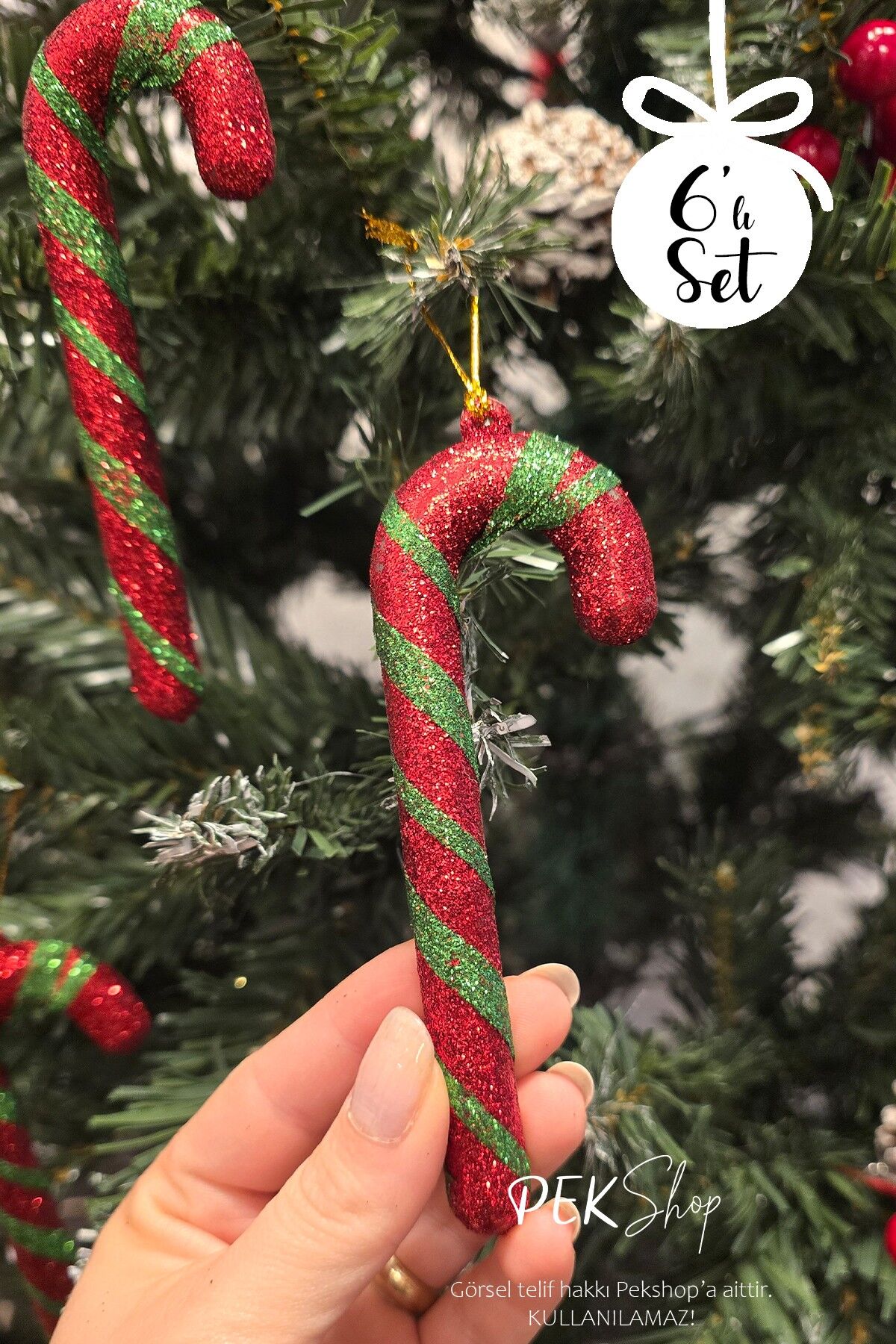 Simli Kırmızı Yeşil Baston Şeker Yılbaşı Ağaç Süsleri 6lı Set