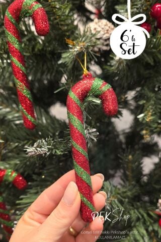 Simli Kırmızı Yeşil Baston Şeker Yılbaşı Ağaç Süsleri 6lı Set