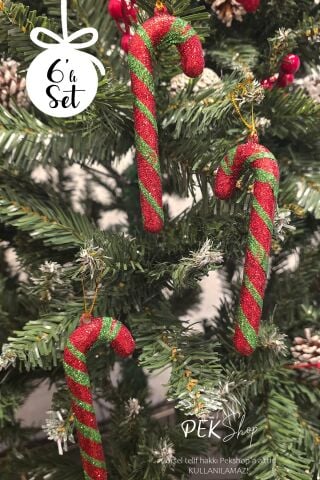 Simli Kırmızı Yeşil Baston Şeker Yılbaşı Ağaç Süsleri 6lı Set