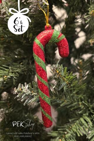 Simli Kırmızı Yeşil Baston Şeker Yılbaşı Ağaç Süsleri 6lı Set