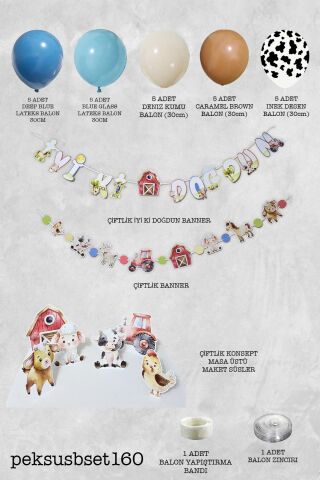 Çiftlik Konsept Bannerlı Çiftlik Hayvanları Panolu Doğum Günü Balon Zinciri Seti