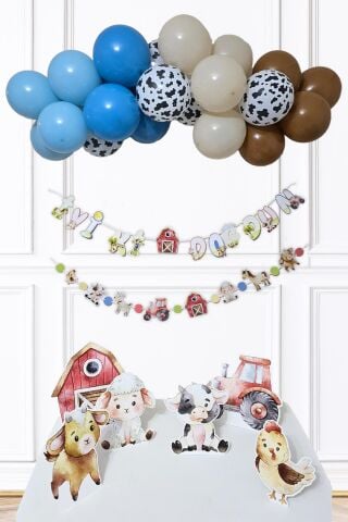Çiftlik Konsept Bannerlı Çiftlik Hayvanları Panolu Doğum Günü Balon Zinciri Seti