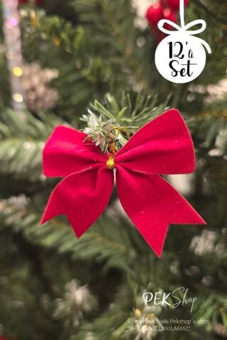 12li Kırmızı Fiyonk Yılbaşı Ağaç Süsleri Gold İpli Fiyonk Kurdele Kırmızı