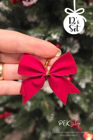 12li Kırmızı Fiyonk Yılbaşı Ağaç Süsleri Gold İpli Fiyonk Kurdele Kırmızı