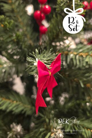 12li Kırmızı Fiyonk Yılbaşı Ağaç Süsleri Gold İpli Fiyonk Kurdele Kırmızı