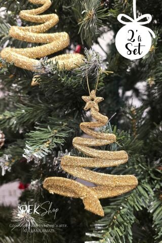 Simli Gold Ağaç Şekilli Yılbaşı Ağaç Süsü 2li Set