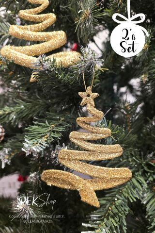 Simli Gold Ağaç Şekilli Yılbaşı Ağaç Süsü 2li Set