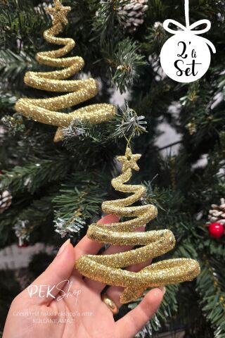 Simli Gold Ağaç Şekilli Yılbaşı Ağaç Süsü 2li Set