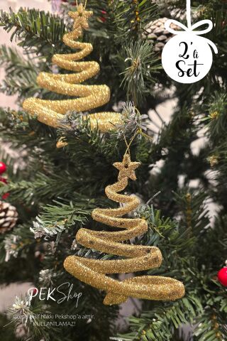Simli Gold Ağaç Şekilli Yılbaşı Ağaç Süsü 2li Set