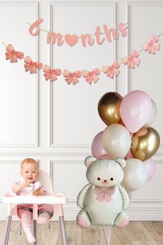 Pembe 6 Aylık Partisi Balon Seti Krem Retro Ayı Fiyonk Bannerlı Yarım Yaş Balon Seti