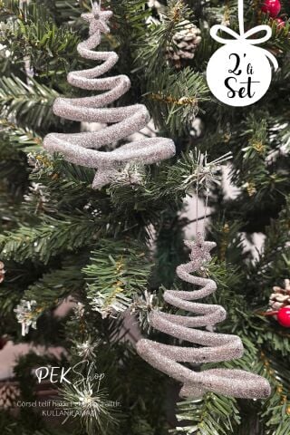 Simli Gümüş Ağaç Şekilli Yılbaşı Ağaç Süsü 2li Set