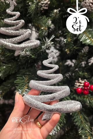 Simli Gümüş Ağaç Şekilli Yılbaşı Ağaç Süsü 2li Set